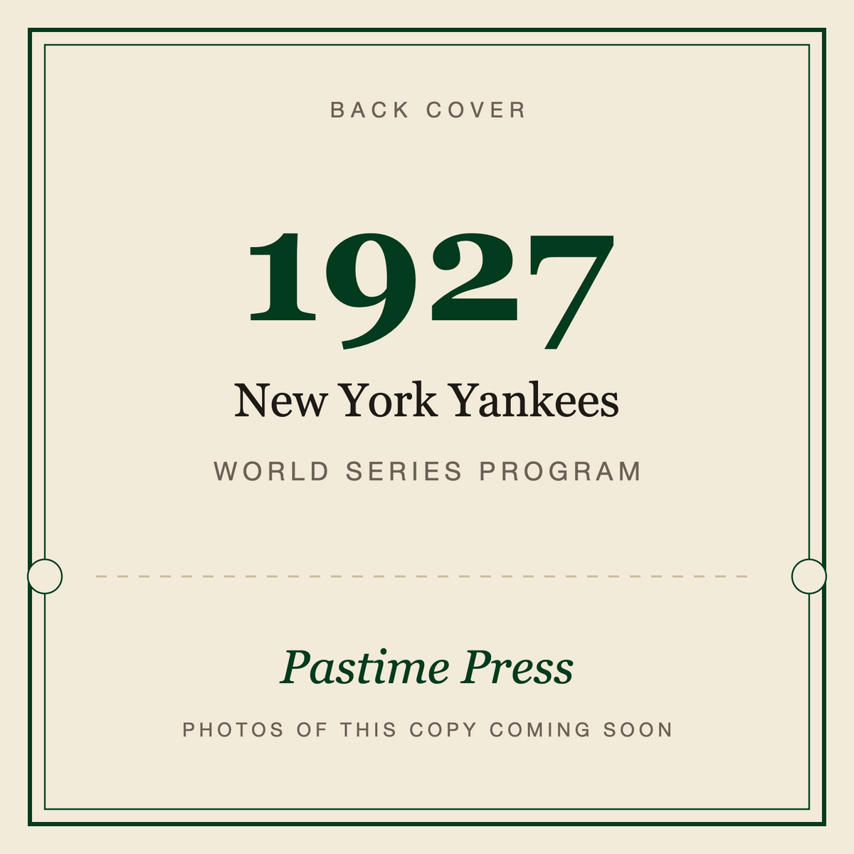 1927 New York Yankees World Series Program, back cover