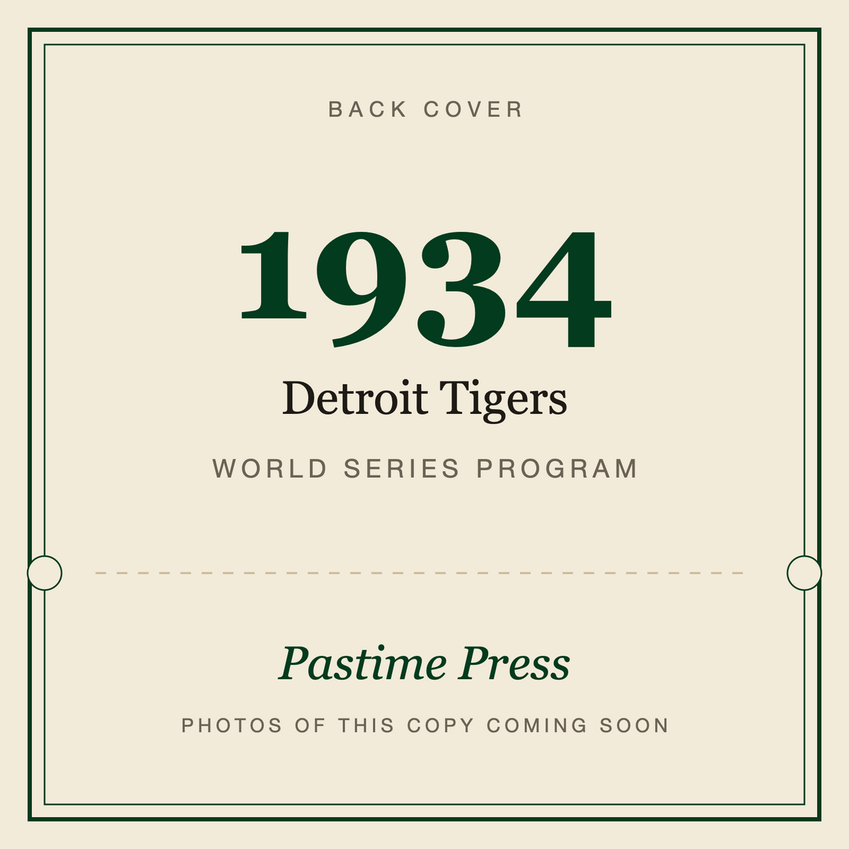 1934 Detroit Tigers World Series Program, back cover