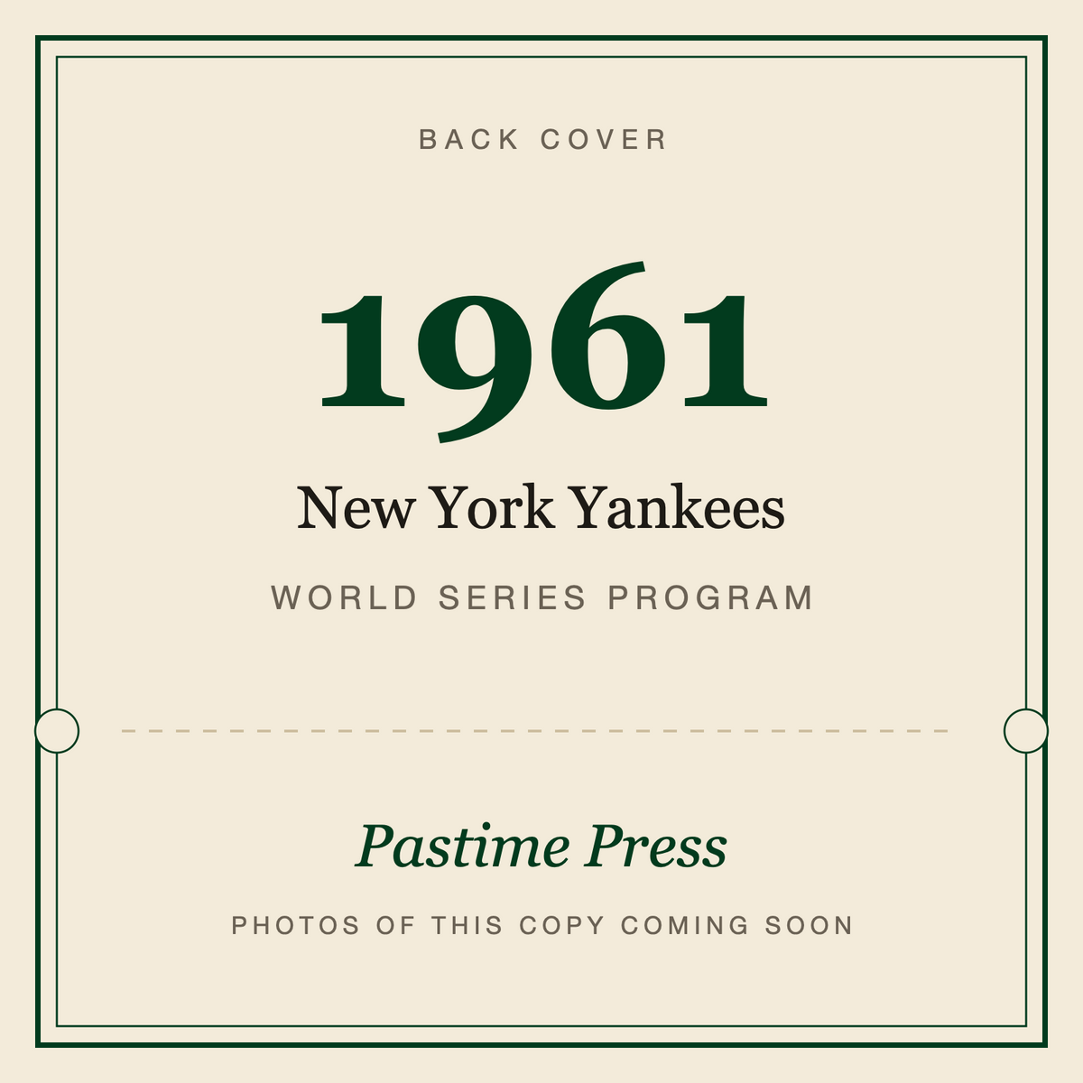 1961 New York Yankees World Series Program, back cover