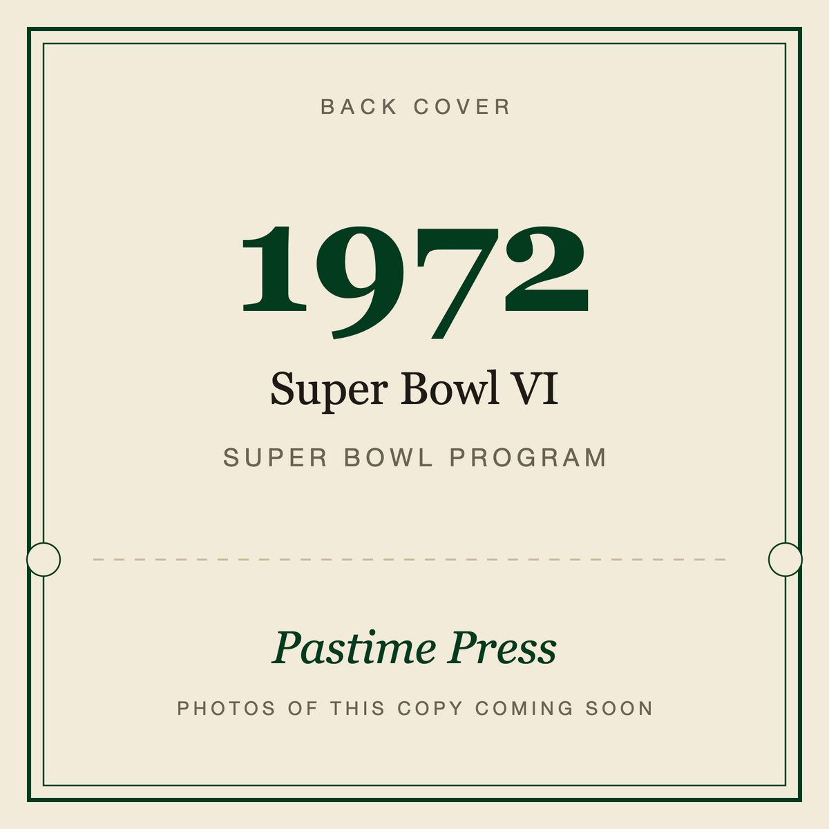 1972 Super Bowl VI Program, back cover