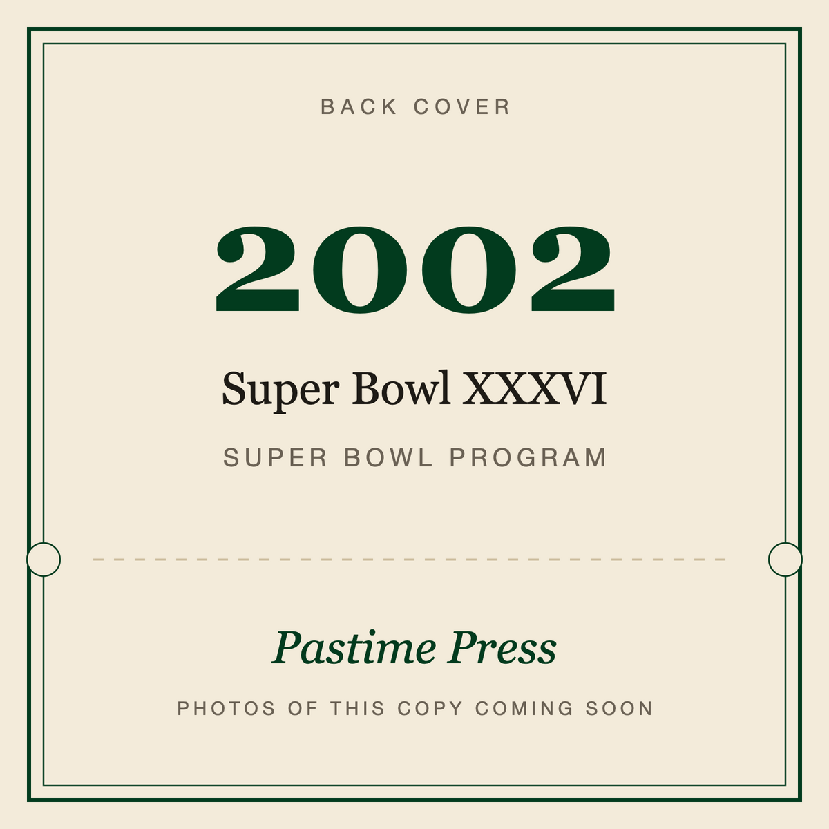 2002 Super Bowl XXXVI Program, back cover